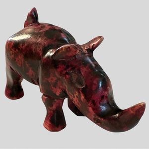 Rhino Hand Carved Wooden in Hues of Red and Black Small Shelf or Table Decor